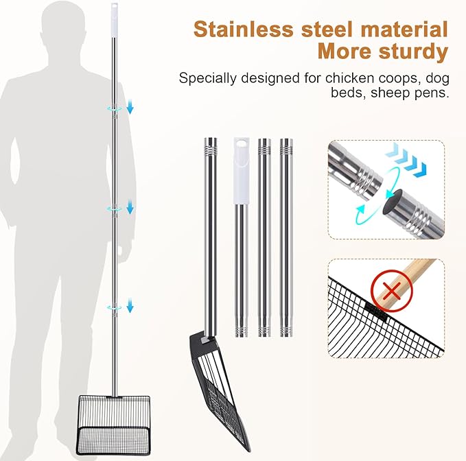 10in Wide Stainless Steel Chicken Poop Scooper with Adjustable Handle,36"-62" Long,Detailed mesh Design,Easy to Use Cleaning Tool for Chicken Coop, Sand Sifting