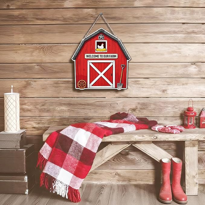 Farmhouse Wall Decor, Red Barn Welcome to Our Farm Sign with Chicken, Rustic Cartoon Painting Style Wood Hanging Plaque, Country Farmhouse Wall Art for Kitchen Porch or Entryway, 9.8x10.2 Inches
