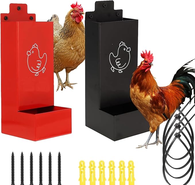 Chicken Gritr and Oyster Shell Feeder Hanging Metal Chicken Feeder for Hens or Chicks Chicken Coop Accessory Gravity-Fed Anti-Waste Design (Red and Black)