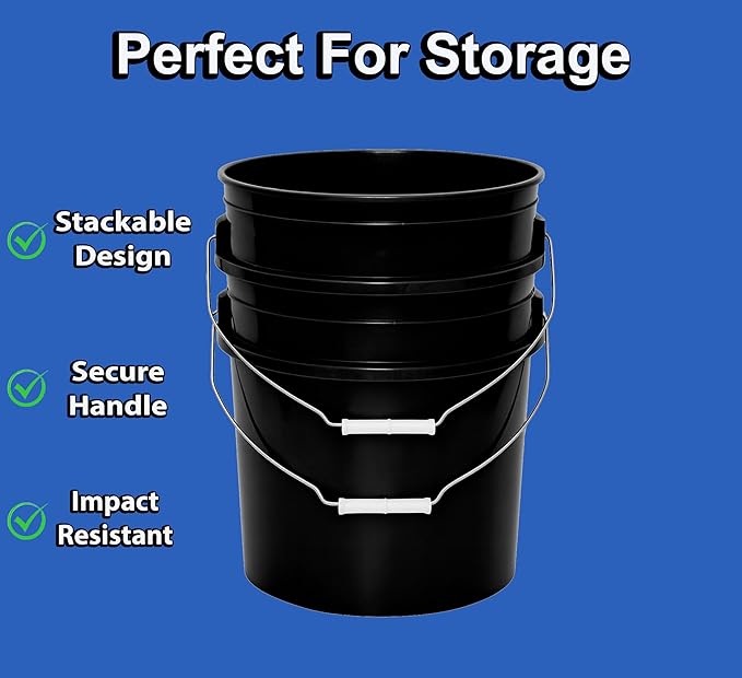 5-Gallon Bucket Only – No Lid Included, Made in USA, Food Grade BPA Free Plastic, Heavy Duty Multi-Use, Metal Handle with Grip, Stackable Storage – Black, 3 Pack