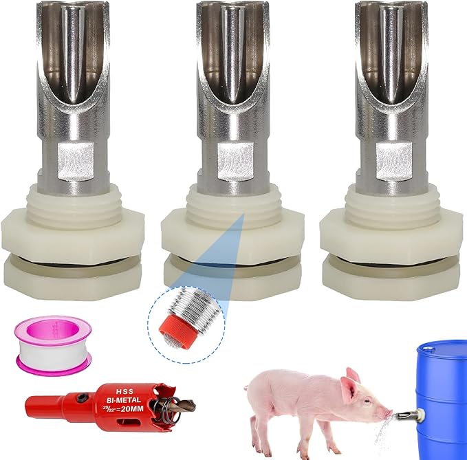 3 Pcs Pig Nipple Drinkers Kit Auto Pig Watering System Stainless Steel with 3 Pcs Plastics Water Tank Connector 1Pcs Hole Opener for Pig Goats Swine Piglets Drinking (3pcs, Plastics)