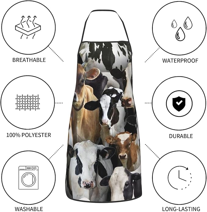Apron for Women Men, Adjustable with Pocket Washable Cooking Apron, Chef Grilling BBQ Baking Crafting, Farm Animals Dairy Cows Cow