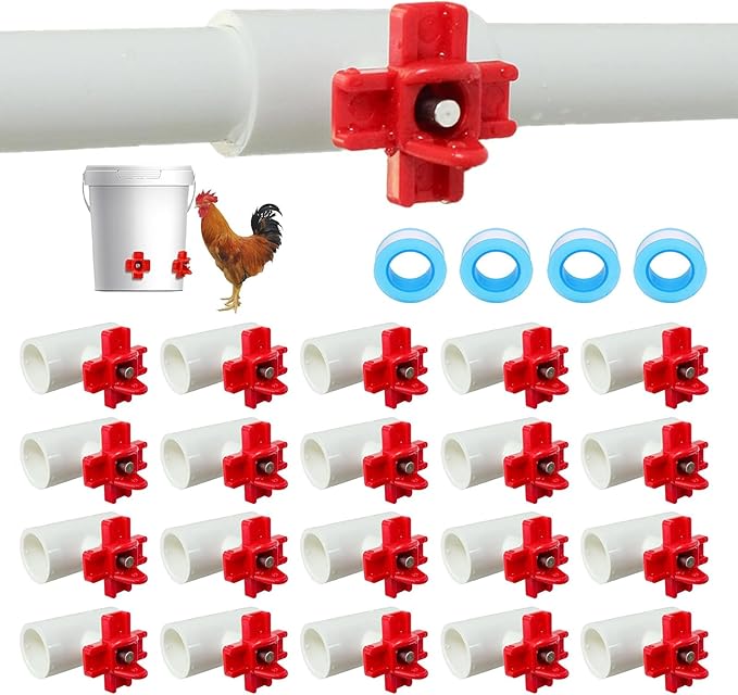 Automatic Chicken Waterer for Ducks Quail Bird Outdoor, Plastic Chicken Water Feeder Bowls Poultry Water Feeder Kit for Chicks, Duck, Goose, Turkey and Bunny (White and Red, 20 Pack)