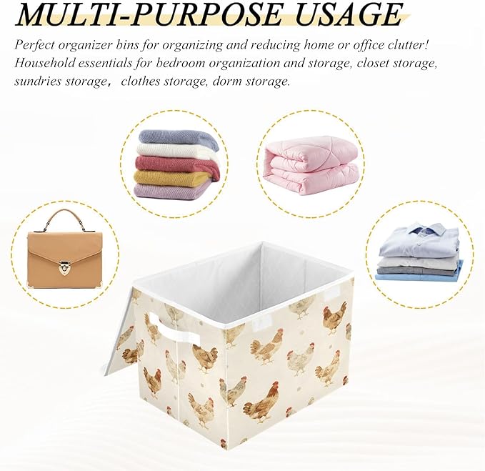 Farmhouse Chickens Fabric Storage Bin with Lid, Collapsible Basket with Handles, Shelf Cube Closet Organizer for Home and Bedroom