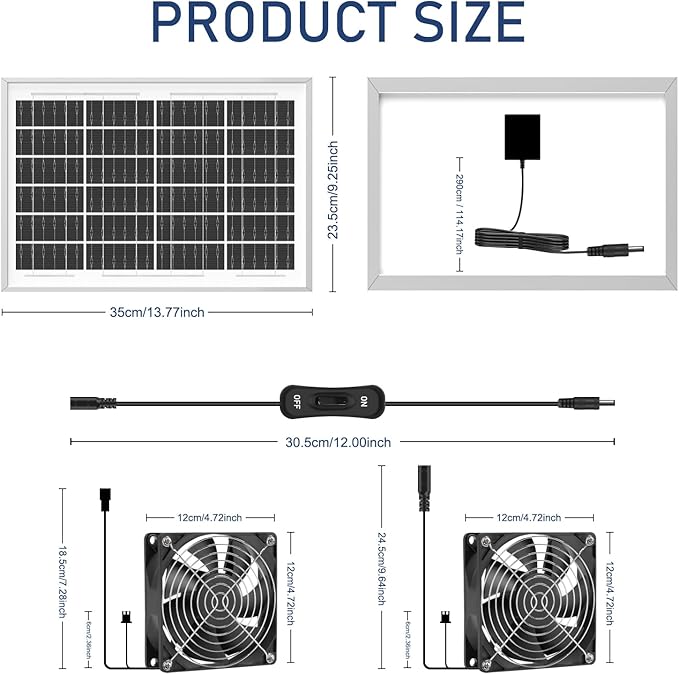 Solar Exhaust Fan, 20W Waterproofed Solar Panel + Two 4.72" Ventilation Vent Fan, Solar Powered Fan Kit, High Speed Solar Powered Exhaust Fan for Shed, Chicken Coop, Greenhouse, Dog House