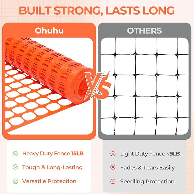 Ohuhu Plastic Garden Fence Safety Fence, 4'x100'/15LB Heavy Duty Reusable Netting Plastic Mesh Fence Roll, Temporary Fencing for Animal Barrier Pool Fence Snow Fencing for Poultry Rabbits Chicken Dogs