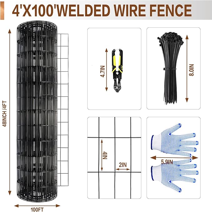 Tongmo 4 ft x 100 ft Black PVC Coated Welded Wire Fence, 16GA Garden Chicken Wire Fence Roll, Mesh Size 2" x 4" Hardware Cloth, Ideal for Yard Protection and Poultry Netting