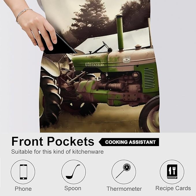 Old Tractor Photo Farm Chef Apron for Men Women with 2 Pockets Water & Oil Resistant Bib Aprons Adjustable Neck Strap & Long Ties Work Apron for Cooking Grilling Serving Crafts Gardening