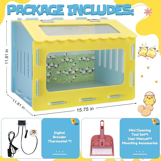 BreezeHug 15.7 x 11.8 x 11.8 in Brooder Box Kit for Chick Quails with Heated Lamp Digital Temperature Controller Cleaning Tool Kit Stickers Brooder Box for Chickens Ducks Quails Hamsters Rabbit Lizard