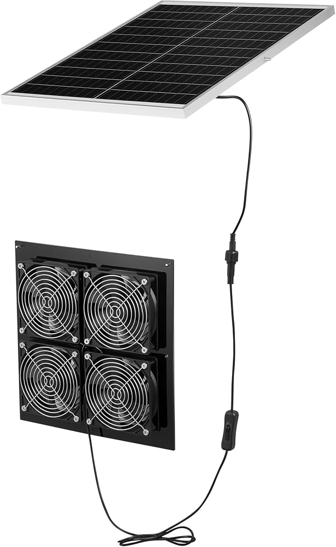 VEVOR Solar Powered Fan, 25W Solar Panel with 4 Fans, Adjustable Solar Panel Angle, 2668 RPM High-Speed, Flexible Installation, Fast Air Exchange for Greenhouse, Grow Tents, Chicken Coops, Shelters
