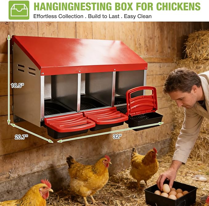 GUTINNEEN Chicken Nesting Box, 3 Compartment Metal Nesting Boxes with Roll-Away Egg System for Hens, Ducks & Rabbits, Technical Design for Efficient Egg Collection, Red