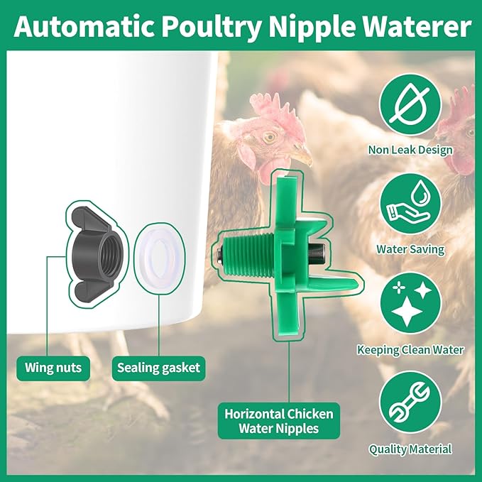 LemonRoad 50 Pack Horizontal Chicken Nipples Horizontal Poultry Automatic Waterer Nipples Chicken Water Feeder with 50 Pcs Ring Gaskets, 50 Pcs Wing Nuts and Drill Bit for Bucket Ducks Quail (Green)