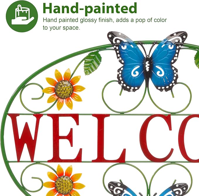 Glitzhome Metal Welcome Sign for Outdoor & Indoor - Rustic Farmhouse Wall Decor Sunflower & Butterfly Garden Art for Porch Patio Yard