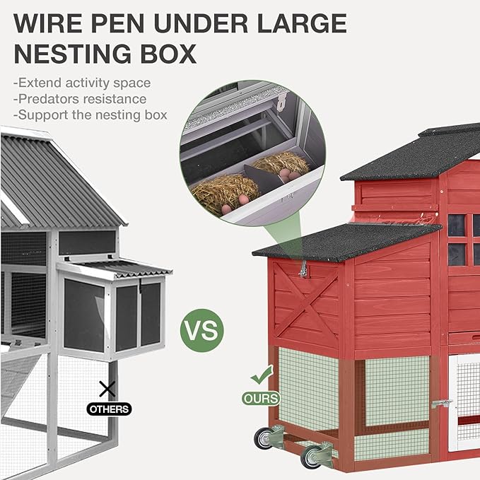 Chicken Coop with Wheels Wooden Outdoor Chicken House Easy Cleaning with Nesting Box, Deeper Leakproof Pull-Out Tray and UV Proof Panel Roof - Reinforced Version - Red