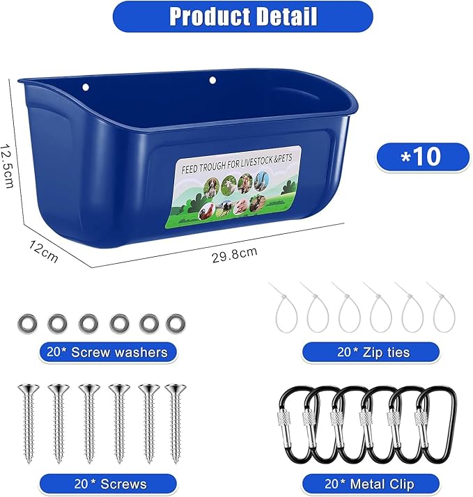Chicken Feeder Waterer, 10 Pack Duck Feeder Supplies, Hanging Fence Feed Trough with Clips for Goat, Sheeple, Piglet, Gooses, Turkeys, Dog Livestock Poultry, Blue