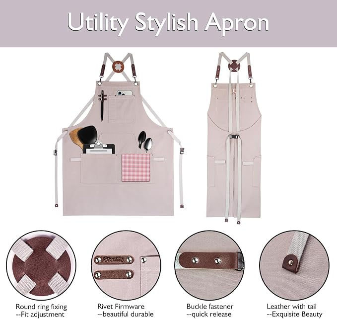 10 Pack Kitchen Aprons, Work Apron, Canvas, Multiple Pockets, Gardening, Painting, BBQ, Artist, Carpenter, Sizes M to XXL, Grey