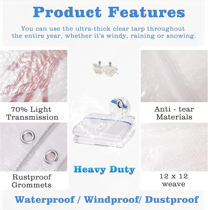 UCINNOVATE 12Mil Clear Tarp 6x10FT - Heavy Duty Waterproof Greenhouse Cover, 12x12 Reinforced Weave Tear Resistant for Roof, Garden, Chicken Coop, Outdoor, Emergency Use