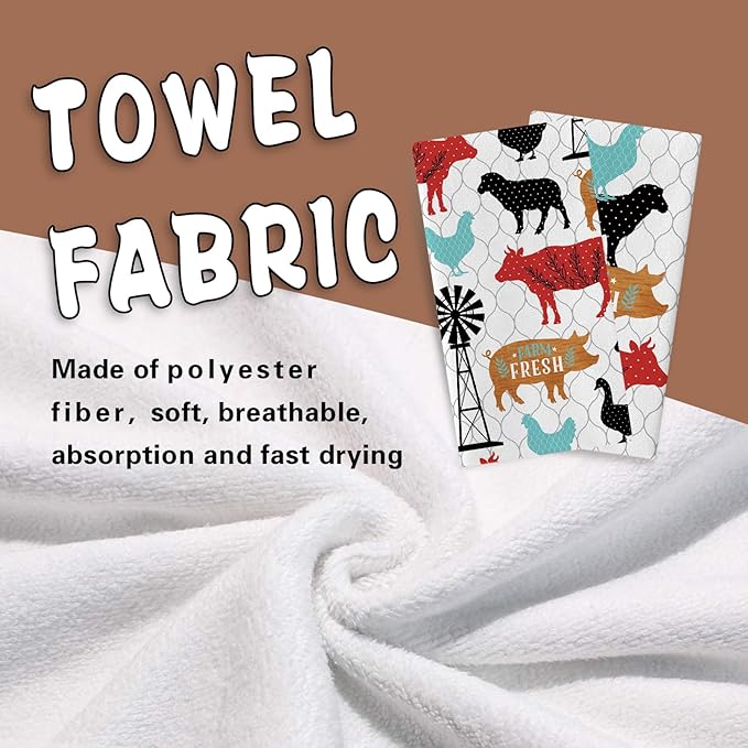 Farm Fresh Animals Kitchen Dish Towels Set of 2, Vintage Farmhouse Cow Pig Sheep Chicken Duck Barn Drying Hand Towel Baking Cooking Cloth, Rustic Country Windmill Bathroom Home Decor 18'' x 26''
