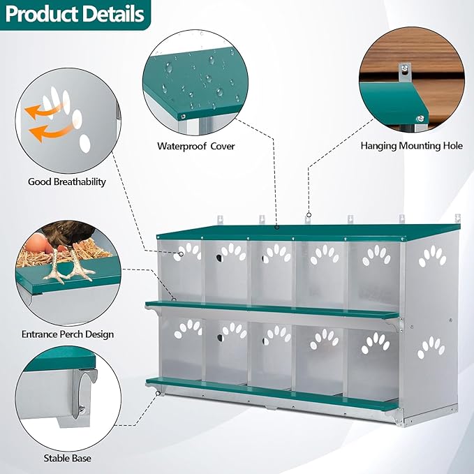 Chicken Nesting Box, 10 Compartment Nesting Box, 10 Room Metal Nesting Boxes for Chicken, Green