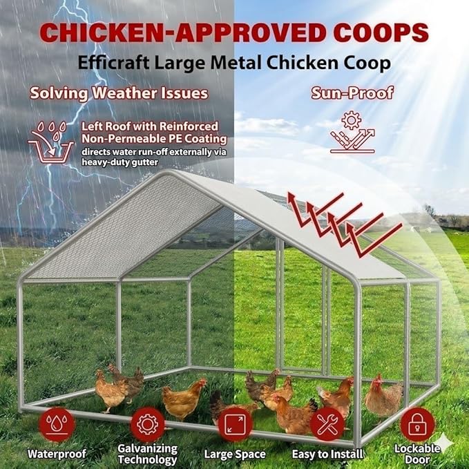 Chicken Coop Large Metal Chicken Run Pen for 10 Chickens Poultry Cage with Waterproof Cover for Walk-in Chicken Run for Yard Outdoor