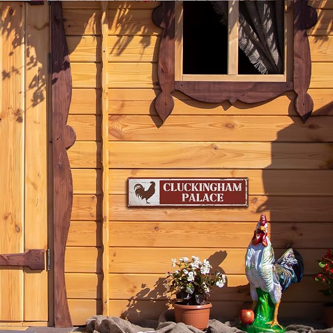 Funny Chicken Coop Decor, Cluckingham Palace Sign, 15.8x4 inches, Vintage Style Metal Sign, Rustic Chicken Decorative, Rooster Farmhouse Decor, Farm Yard Signs, Decorative Aluminum Signs