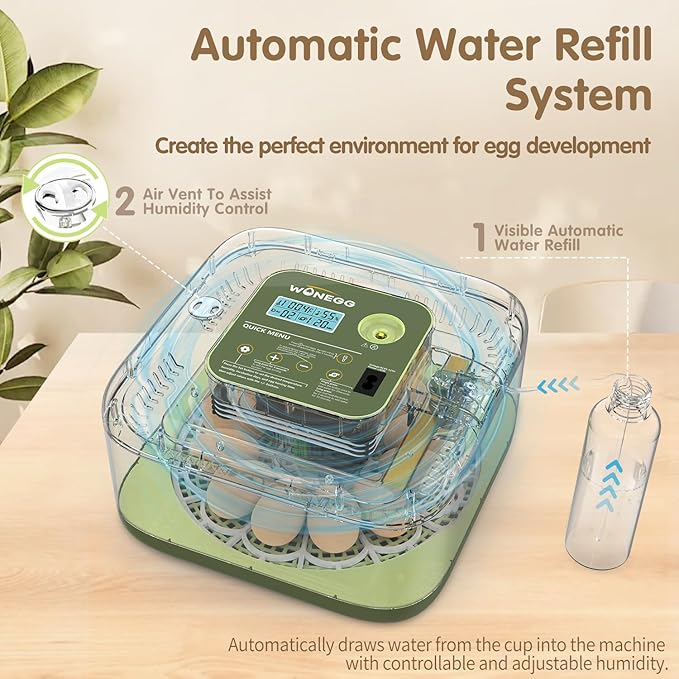 12 Egg Incubator with Automatic Turning, Temperature and Humidity Control, LED Egg Candler, and Auto Water Addition, for Hatching Chicken, Goose, Duck, Quail, Pigeon, and Turkey Eggs