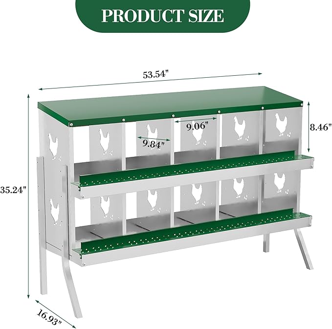 10 Holes Chicken Nesting Boxes, Nesting Boxes for Chickens, Easy to Clean and Install, Chicken Laying Box for Outdoor Chicken Coop Farm Yard, with Metal Legs, Green