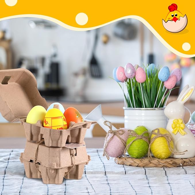 24 Pcs 4 Count Easter Egg Carton Bulk Half Dozen Reusable Natural Pulp Paper Cardboard Egg Carton Colored Storage Easter Gift Box with Label Jute Rope for Kitchen Market Farm (Natural)