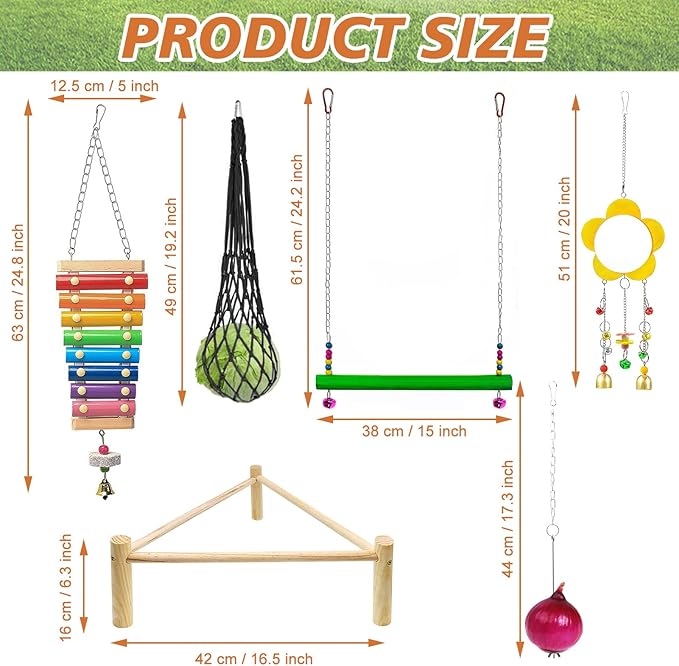 9 Pack Chicken Toys for Coop Accessories, Chicken Enrichment Toys with 2 Swing, 1 Wood Stand, 1 Xylophone, 1 Mirror, 2 Vegetable Net Bag, 2 Vegetable Fruits Hanging Fork