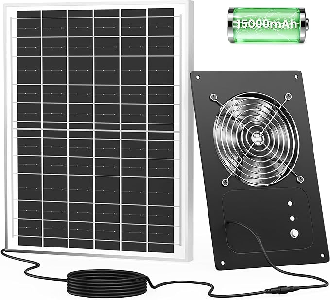 Solar Powered Fan with Battery & Timer, 25W 15000 mAh 3500RPM High-Speed Small Solar Exhaust Fan for Chicken Coop, Greenhouse, Shed, Vent, Doghouses, Windows, Outside Rainproof