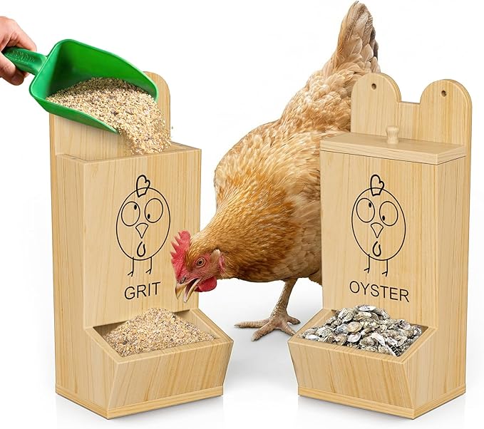 2Pack Chicken Grit Feeder, Wooden Oyster Shell with Magnetic Lid and Drain Holes, Hanging Gravity Chicken Grit Feeder, Coop Accessories for Hens and Chicks
