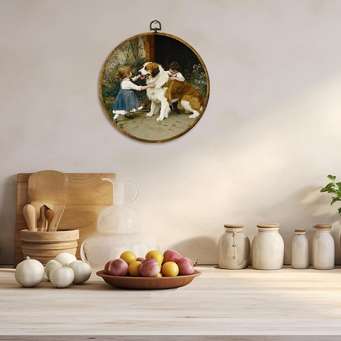 CUANFDDSF Vintage Saint Bernard Round Wall Art, Rustic Farmhouse Framed Hanging Wall Decor, Cottagecore Country Kids Playing with Dog Canvas Prints Decorations for Home Bedroom Room, 10x10 Inch