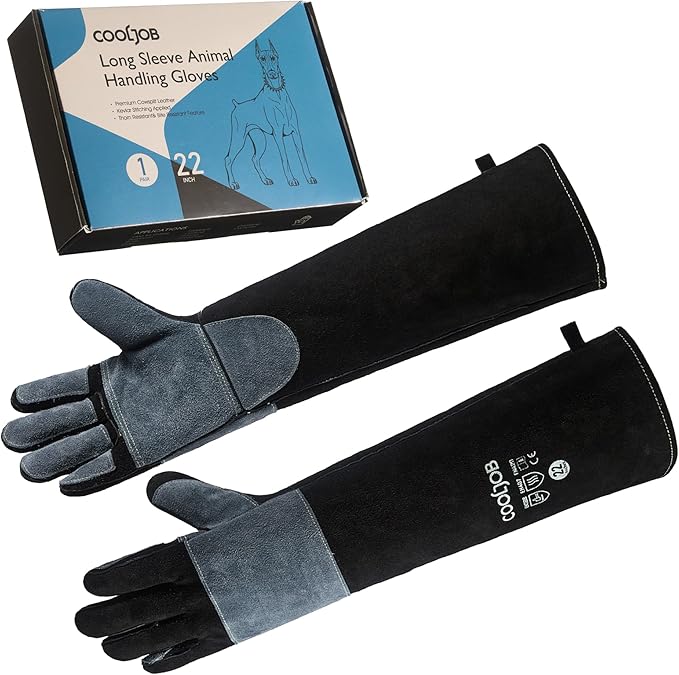 COOLJOB Kevlar Bite Proof Animal Handling Gloves for Cat Grooming, Dog Training, Leather Protective Gloves for Men, 16/22"