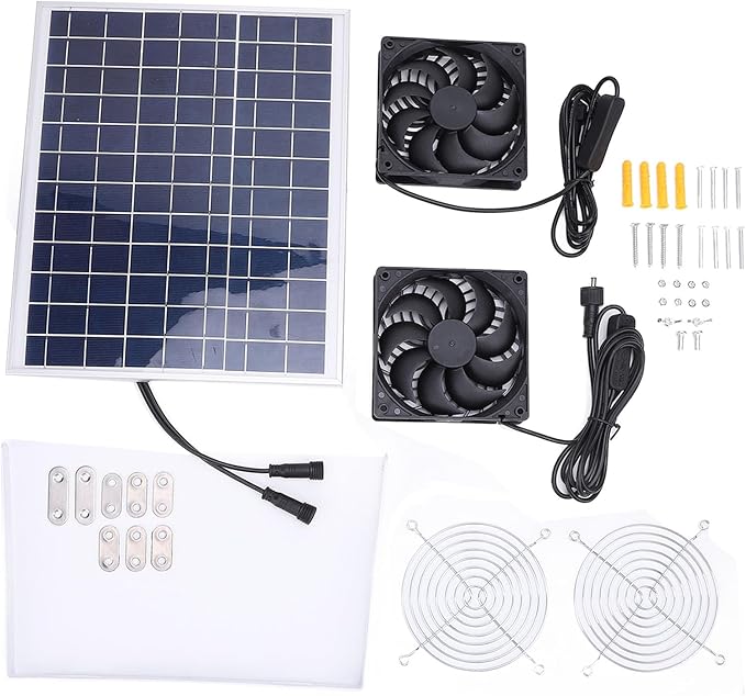 15W Solar Panel Fan Kit IP65 Weatherproof Dual Fan Solar Exhaust Intake Cooling Ventilation Fan for Chicken Coop Greenhouse Shed Pet House Outside