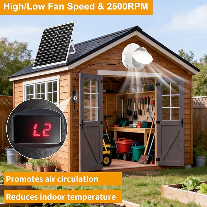 Solar Powered Fan with 24000mAh Battery Run Day/Night, 25W 9.8" Solar Fan for Chicken Coop Waterproof Solar Greenhouse Fan for Shed, Chicken Coop, Greenhouse
