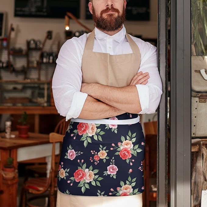 Unisex Apron for Cooking Server Waitress Half Waist Apron with 3 Pockets