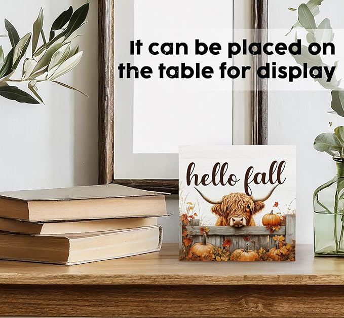 Fall Highland Cow Sign - Fall Farmhouse Highland Cow Decor Decorations Gifts For Home Office,Rustic Farm Hello Autumn Pumpkin Maple Leaf Home Decor Signs