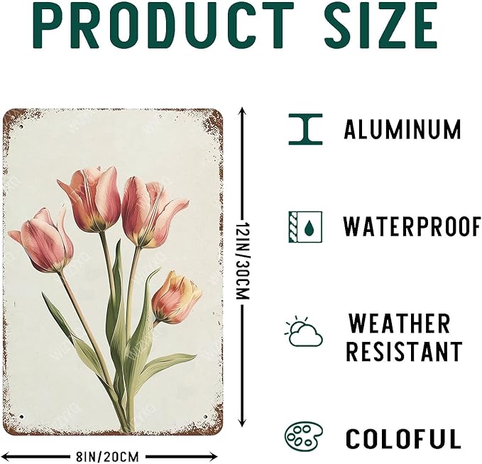 Flowers Metal Signs Tulip Sign Vintage Tin Sign Retro Wall Art Decor for Living Room Bedroom Garden Yard Shop Bar 8×12 Inches
