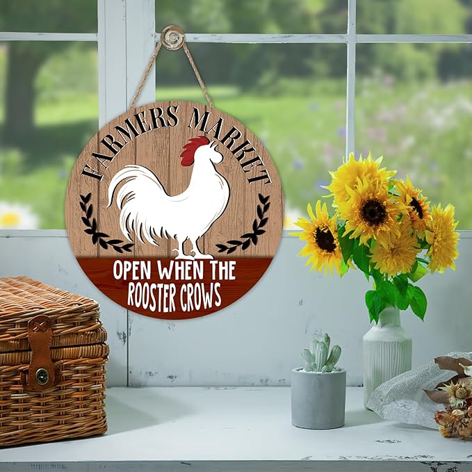 Farmers Market Open When The Rooster Crows Front Door Sign, Vintage Farmhouse Chicken Wood Hanger Outdoor Home Decor, Rustic Country Wooden Wreath Indoor Wall Hanging Decoration Farm Gifts