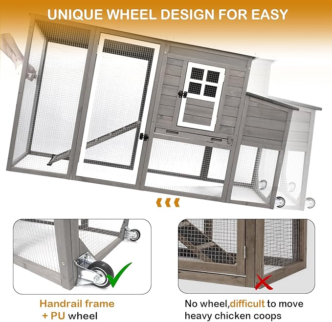 Chicken Coop Solid Wood with Large Run Cage 2 Stories - Asphalt Roof, Nest Box, Pu Wheels, Pole Chicken Perch