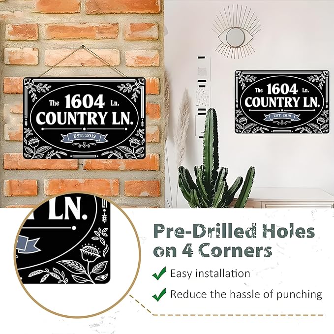 Vintage 1604 Country Lane Farmhouse Metal Sign Suitable for outdoor decoration, garden home porch 8 x 12, easy to hang