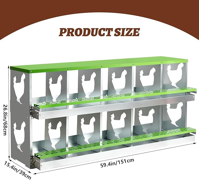 Chicken Nesting Box,Heavy Duty Metal Nest Boxes,10 Hole Roll Away Nesting Boxes,with Large Vented Holes,Wall-Mountable Chicken Coop Nesting Boxes,for Chickens,Ducks,Large Egg Boxes (Green 10 Hole)