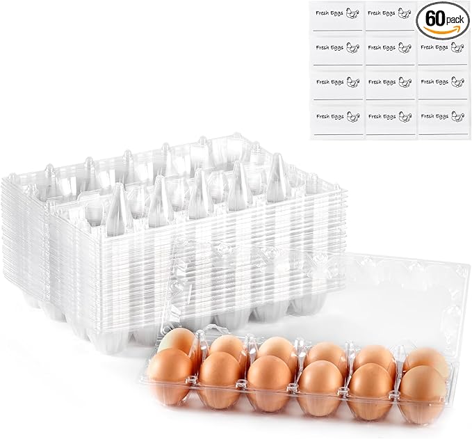 60PCS Egg Cartons Cheap Bulk 12 Count Chicken Egg Tray Holders with Sticker Labels for Fresh Medium Eggs, Clear Empty Chicken Egg Carton for Chicken Farm Business Market Home Refrigerator Storage