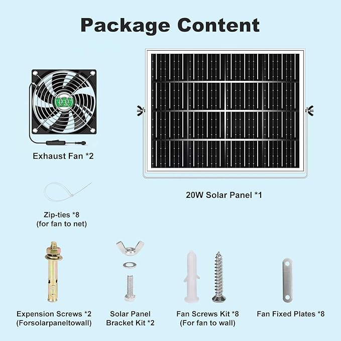 Solar Chicken Coop Fan 2 Kit, 20W Solar Powered Greenhouse Fan Outdoor Waterproof, Solar Exhaust & Intake Fans, 16.7 ft Cord, Hi-Airflow for Shed Dog House Air Circulation Ventilation Cooling