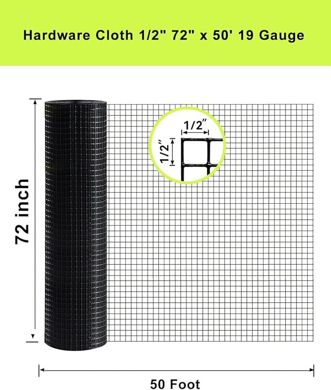 Black Hardware Cloth 72'' x 50' 1/2 inch Mesh 19 Gauge - PVC Coating Wire Mesh Rolls Vinyl Coated Wire Fence Roll Garden Fencing Chicken Run Mesh Screen