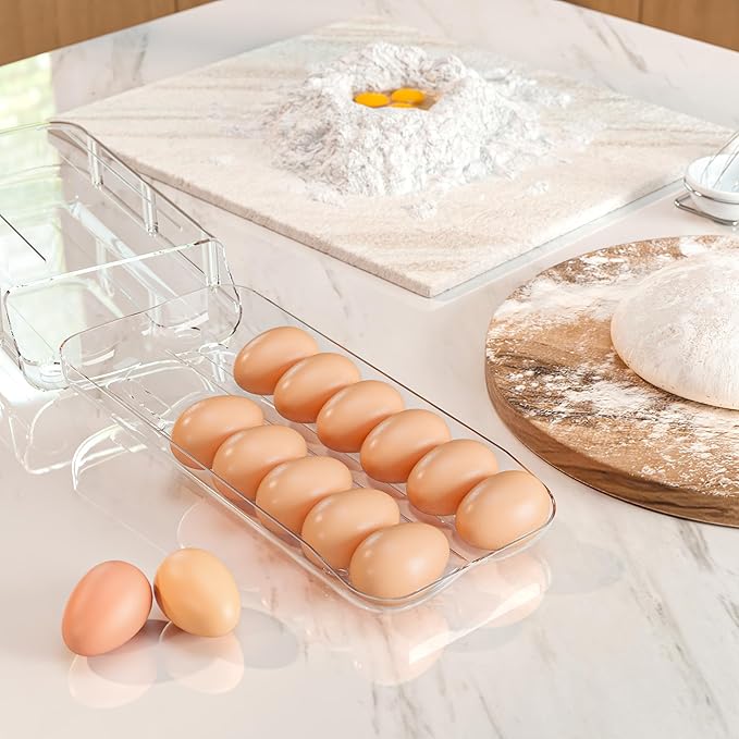 theaoo Egg Holder for Fridge, Automatic Rolling Egg Container for Refrigerator, Clear Plastic Egg Dispenser, Stackable Eggs Organizer with Quick Removable inner Tray For Organizers and Storage, 1Pack