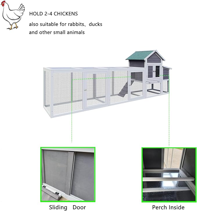 KEIKI 122＂Large Wooden Chicken Coop with Run and Nesting Box, Outdoor Hen House, Wooden Poultry Cage Wire Fence Poultry Cage