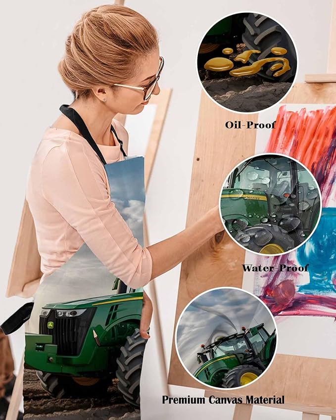 Farm Tractor Waterproof Apron With Pockets, Green Truck Country Rustic Field Harvester Kitchen Chefs Bib Cooking BBQ Grill Bake Adjustable Aprons for Women/Kids Home Garden Grooming Painting Gardening