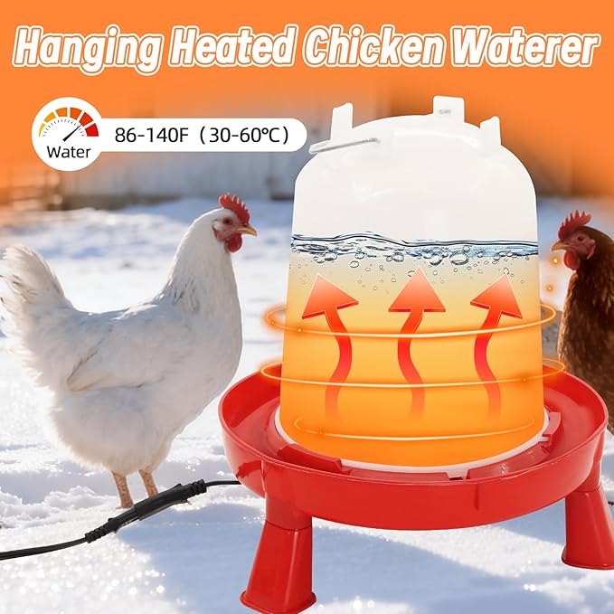Heated Chicken Waterer 6L Thermostatically Controlled Poultry Water Heater with Overheating Protection, Galvanized Steel Handle Automatic Heated Poultry Drinker for Coop Chickens, Ducks, Geese (Red)