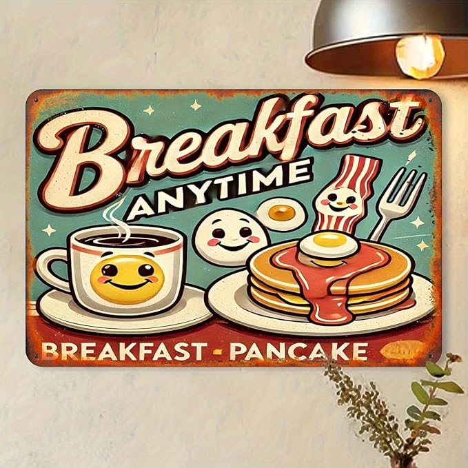 Vintage-Style 8x12" Breakfast Coffee Diner Tin Sign - Durable Iron Metal Wall Art with Easy Hanging, Unique Design for Kitchen, Restaurant, Bar Decor - Perfect Home or Office Gift Idea